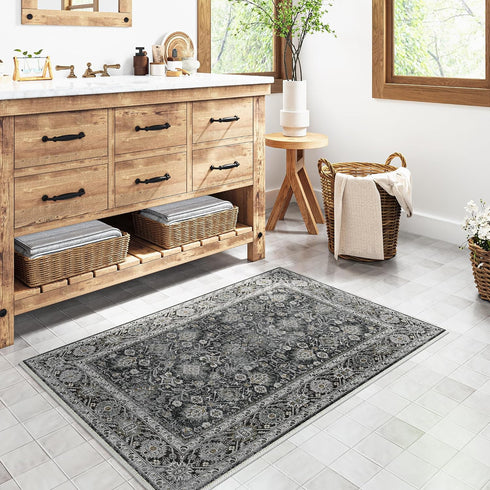 Black Grey Entryway Rug 2x3, Vintage Indoor Kitchen Washable Door Mat, Tribal Distressed Accent Throw Rug