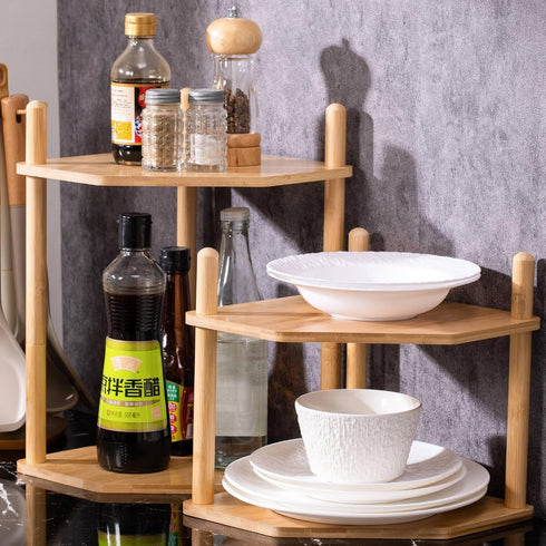 2-Tier Counter (1, 11.4" Expandable Bamboo Corner Shelf - Dish/Plate Organizer for Cabinet, Kitchen Shelf & Small