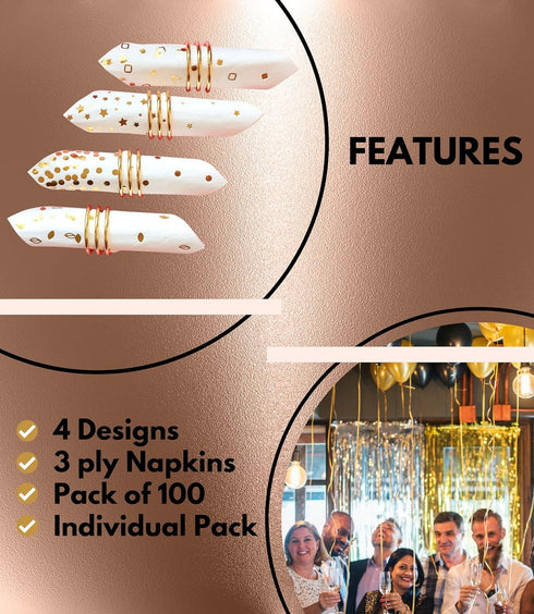 100 PK Gold Napkins - 4 Assorted Designs - 3-Ply Cocktail Napkins 5 x 5 Inches Disposable Party Napkins for Wedding