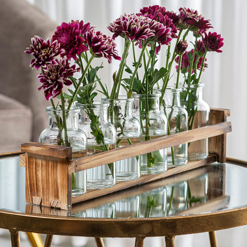 Beautiful Glass Flower Vase with Wooden Plant Stand & 6 Bud Vases,