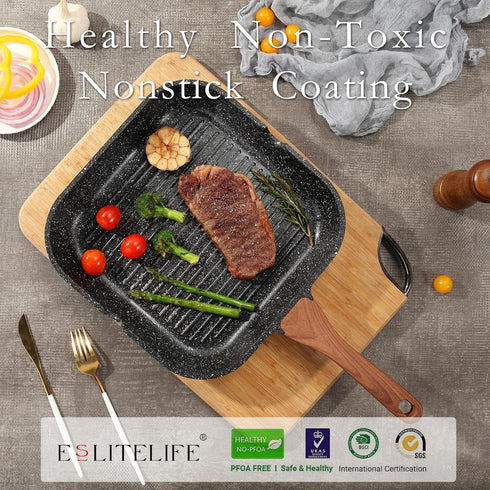 ESLITE LIFE 9.5 Inch Nonstick Grill Pan for Indoor Cooking, Versatile Induction Square Skillet