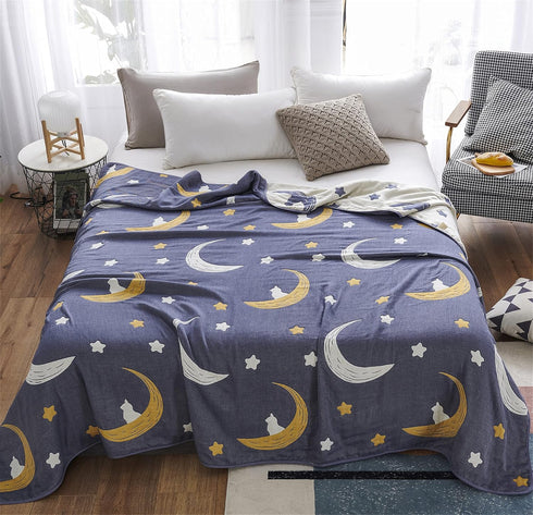 J-pinno 100% 6 58" 80") Bright Moon Stars Muslin Blanket Reversible Cotton Layer Quilt Bed Blanket Soft Warm Throw Sofa