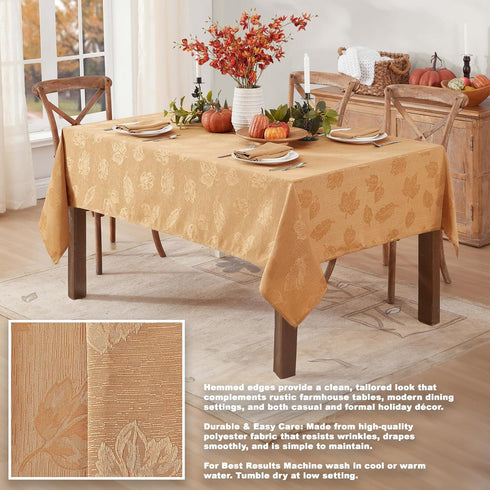 60 144 Inch, Newbridge Gold Tremont Leaf Damask Rectangle Fabric Spring Lodge Tablecloth, x Elegant Holiday Swirling