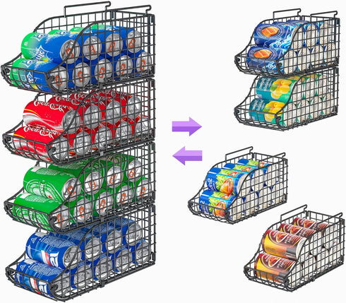 Sonyabecca 4-Pack Stackable Canned Food Organizer with Handles for Kitchen, Soda Can Organizer for Pantry Shelves, Wire