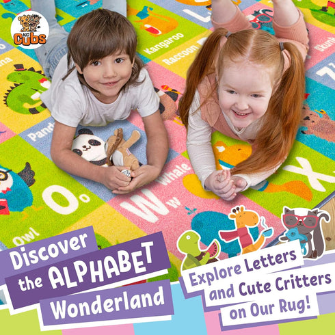 3x5 KC Cubs ABC Alphabet Animal Rug Educational Non-Slip Play Mat for Kids, Toddlers, Nursery, Classroom, Playroom