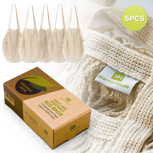5 Pack Cotton String Shopping Bags, Reusable Washable Grocery Mesh Bags with Long Handle for Produce Storage