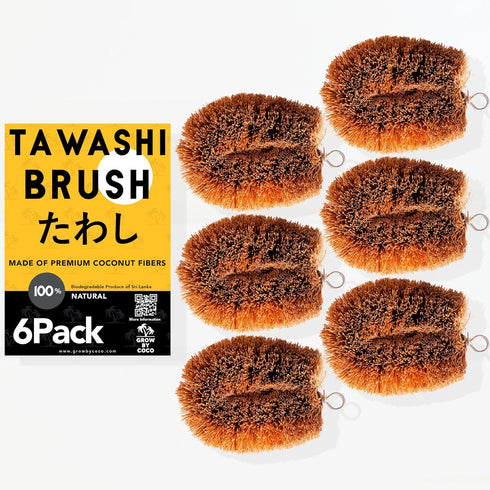 Pack 6 100% of Tawashi Natural Coconut Coir Fiber Brush, Vegetable Scrub Brush, Ideal for Fruit Scrub, Kitchen Cleaning