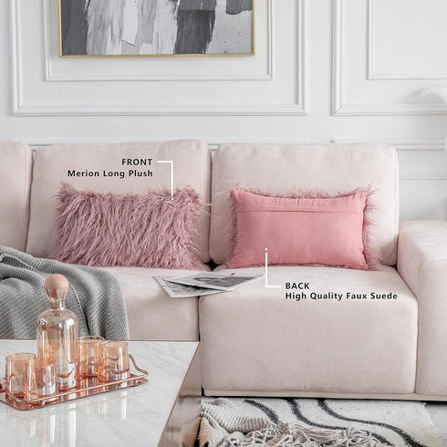 12 20 Set 2 30x50cm, Home Brilliant x Pillow Cover of Shaggy Rectangle Lumbar Throw Pillows Blush Faux Fur Accent
