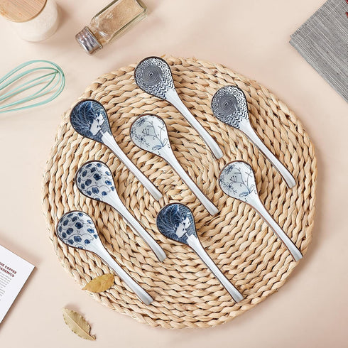Soup Spoons Set of 8, Long Handle Ceramic Ramen Spoons for Dumpling, Pho, Noodles, Dishwasher Safe