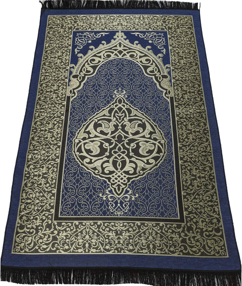 Modefa Islamic Prayer Rug Thin Woven Chenille and Taffeta Turkish Sajadah Intricate Design Metallic Ottoman Mat (Black
