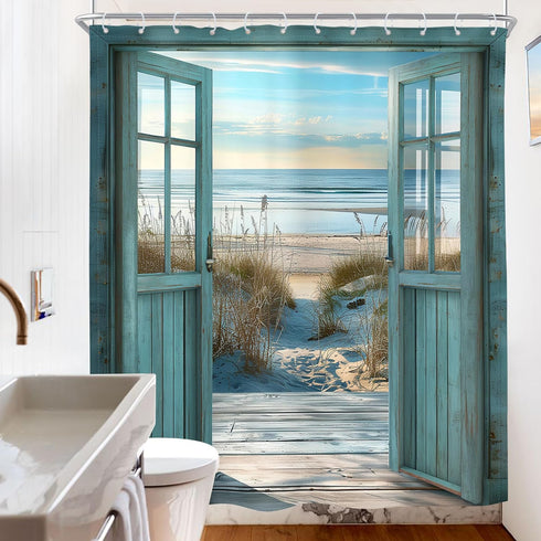Riyidecor Blue Beach Barn Door Shower Curtain, Ocean Coastal Rustic Scenery, 72Wx72H Inch, Polyester Waterproof with 12
