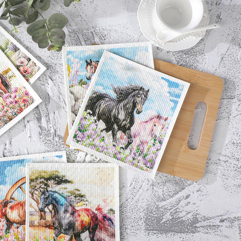 6 Pack Countertop Horses Swedish Dishcloths for Kitchen, Farmhouse Absorbent Dish Cloths for Washing Dishes, Reusable