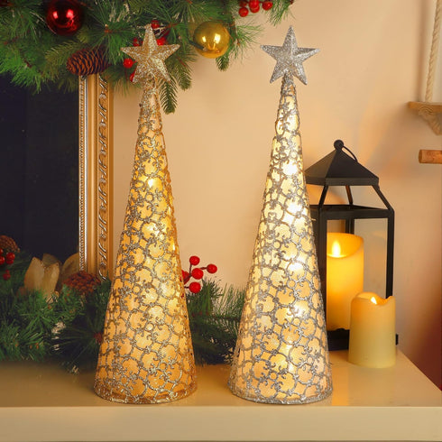 Juegoal Lighted Christmas Table Decorations with Star and 10 LED Lights, Indoor Xmas Holiday Tabletop Ornament Set