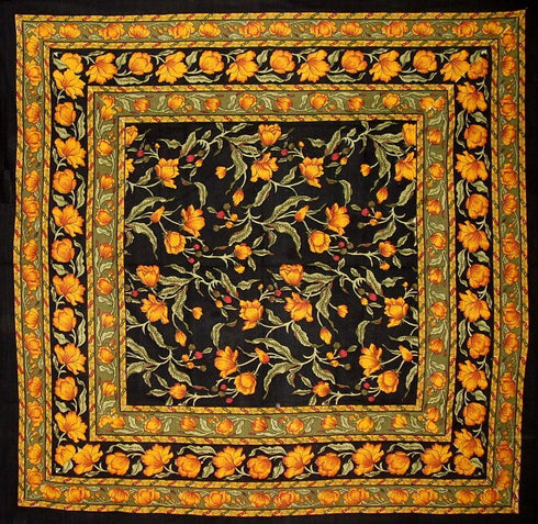 India Arts French Floral Square Cotton Tablecloth, 60" x 60", Amber on Black
