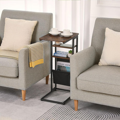 28"(H) 3-Tier C Shaped End Table C Table with Storage Bag, Under Couch Table C-Shaped End Table with Storage Shelves