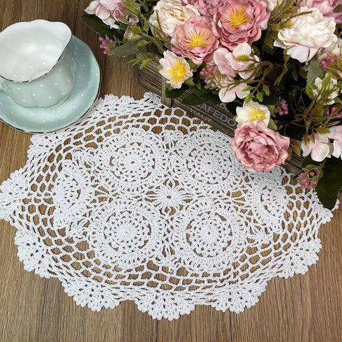 Phantomon Handmade Crochet Cotton Lace Placemats, Pack of 4 Oval Shape Doilies, White, 12 x 17 inch
