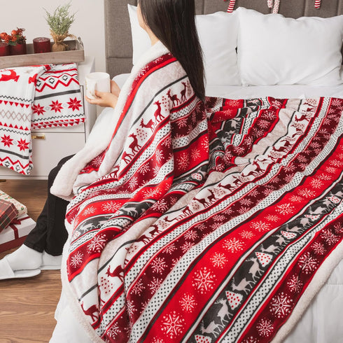 PAVILIA Premium Christmas Sherpa Throw Blanket - Christmas Decoration Reindeers, Fleece, Plush, Warm, Cozy Reversible