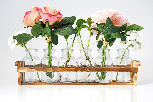 6 Beautiful Glass Flower Vase with Wooden Plant Stand & Bud Vases, Decorative Glass Bottles for Home Dcor, Dining Table