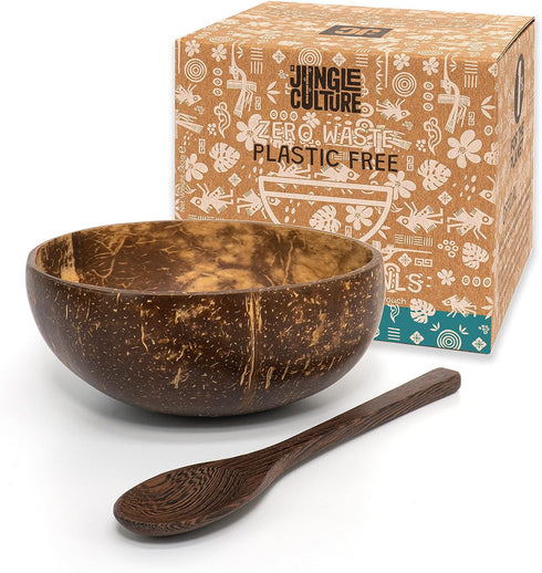 Jungle Culture Coconut Bowl & Spoon with FREE eBook, Wooden Salad Serving Bowl, Eco Friendly Vegan Gift