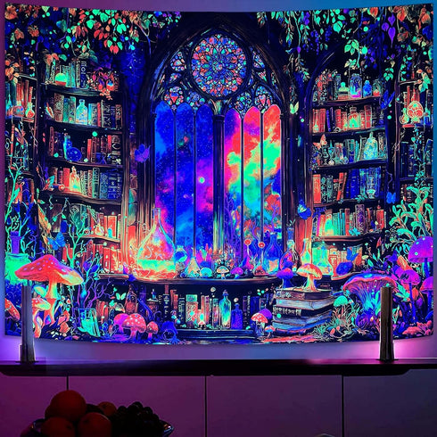 Spenlife 60L 44W Blacklight Fantastic Library Tapestry, UV Reactive Vibrant Bookshelf Wall Tapestries for Room Decor