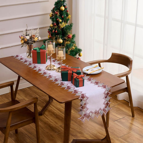 90 inches 16x90) White Dark Red Linen Lace Table Runner Long, Claret Dresser Scarf Table Topper for Christmas Kitchen