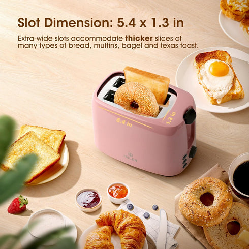 iSiLER 2 Slice Toaster - Pink, 1.3 Inches Wide Slot Bagel Toaster with 7 Shade Settings, Compact with Removable Crumb