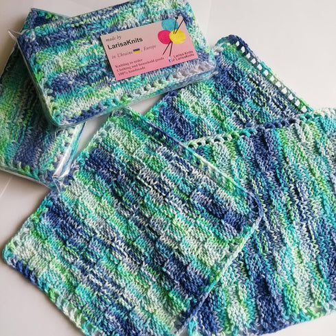 LarisaKnits set 3, Cotton colorful dishcloth reusable of Knitted absorbent bright mini towels Dark blue-light green