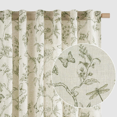Lazzzy Charlotte Green Floral Curtains 84 Inch Length Linen Farmhouse Curtain Back