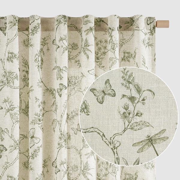 Lazzzy Charlotte Green Floral Curtains 84 Inch Length Linen Farmhouse Curtain Back