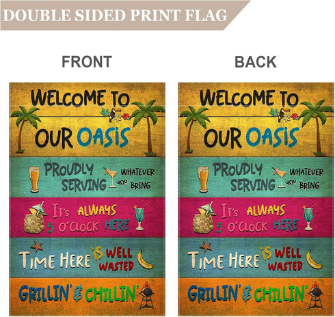 Welcome To Our Oasis Garden Flag, 12.5x18" Summer Party Decorations for Outdoor Beach Bar, Patio, Poolside