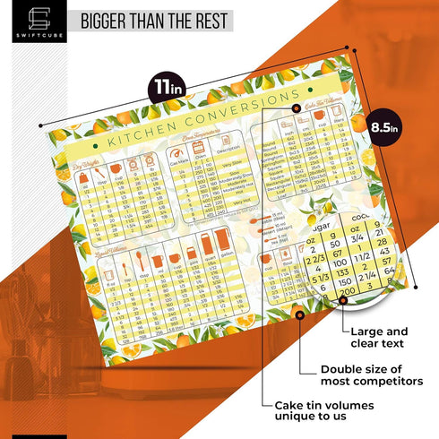 Extra Large Kitchen Conversion Chart Magnet | 11 x 8.5 | Lemon & Orange Style Decor for Baking & Cooking