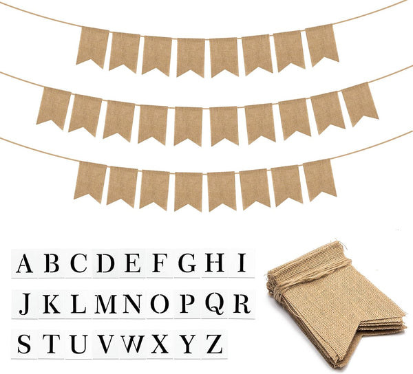 WATINC 26 Pack DIY Burlap Banner Set with Letter Stencil, Swallowtail Flags for Kids and Adults, Handwriting Banner for