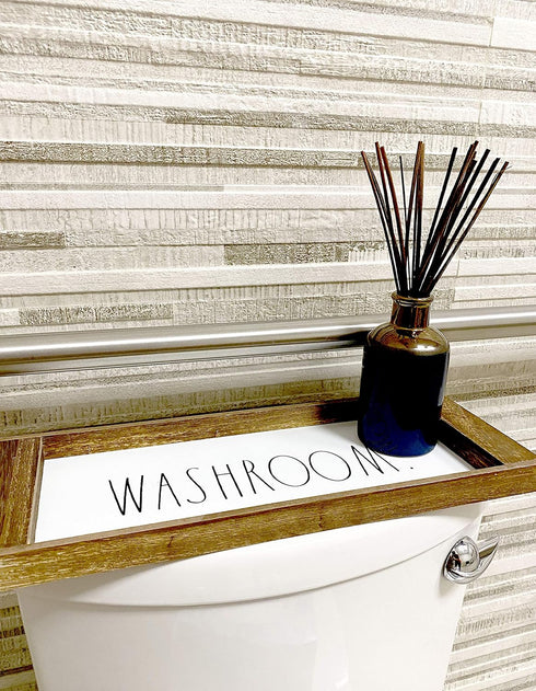 Rae Dunn Toilet Tank Tray, Decorative Wooden Organizer for Bathroom Storage of Toilet Paper and Hand Towels