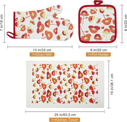 Oven Mitts and Potholders Set, 100% Cotton, Durable Heat Resistant for Kitchen, Machine Washable (3-Piece Red Flower)