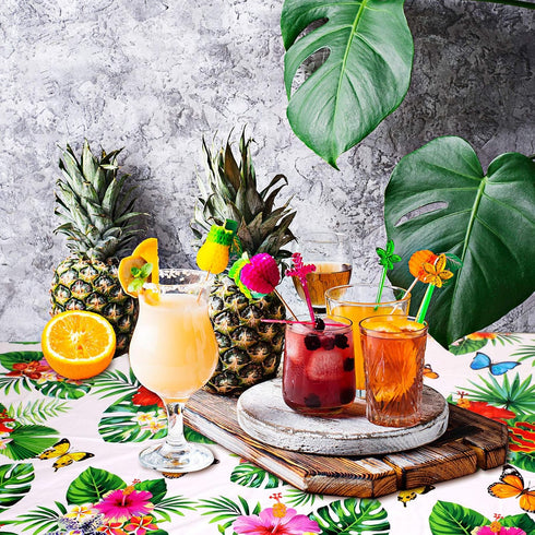 Tatuo 2 Pcs Large Summer Floral Table Cloth, Hawaiian Tropical Disposable Table Covers for Luau Party (51.2 x 86.6