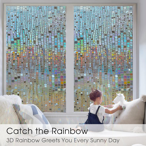 Beautysaid Window Privacy Film Stained Glass 3D Rainbow Prism Window Clings Heat Blocking Window Tint Sun Catchers Peel and Stick Decorative Window Decals Home Bathroom Door(Brown,17.5x78.7in)