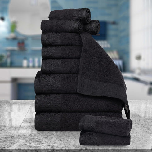 Superior 12 Piece Cotton Towel Set, Floral Jacquard Dobby Border, Quick Dry,