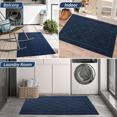 BEQHAUSE Dirt Trapper Door Mat 20" x 32", Non-Slip Machine Washable Entryway Rug, Navy Blue