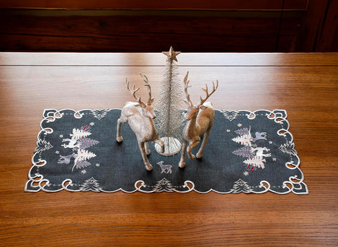 Embroidered Christmas Holiday Table Runner, Silver Reindeer & Scene on Dark Gray, Rectangle 16Wx33L