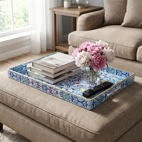 Set 2 15.7" 11.8" Hiceeden of Boho Floral Serving Tray with Handles, x Decorative Plastic Ottoman Tray, Modern Large
