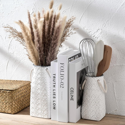 8.66 inch Vaseking Elegant White Petite Vase, Ceramic Modern Minimalism Geometric Texture Purse Vase with Hanging Rope