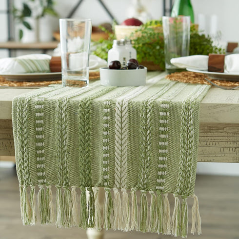 DII Farmhouse Braided Stripe Table Runner Collection, 15x72, Antique Green