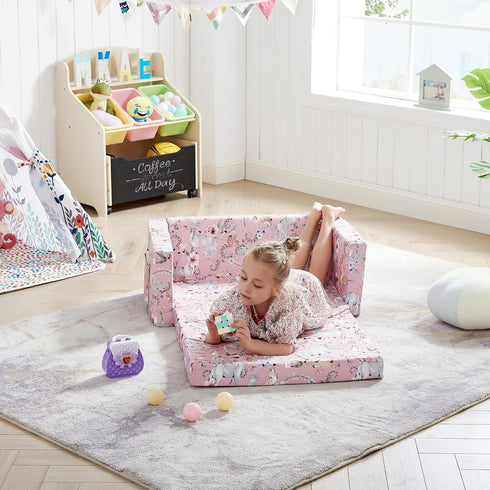 2-in-1 Ulax furniture Kids Convertible Sofas Children Flip-Out Sofa - to Lounge Chair (Pink Unicorn)