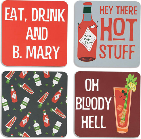 Pavilion - Bloody Mary Coaster Set, 4 Piece Sentiment, Pattern and Character with Box Holder - 4 Inch