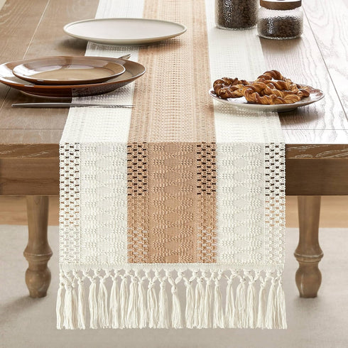 14 108 Inch 108 Inches ZeeMart Macrame Style Bicolor Stitching Table Runner, x Beige/Ivory, Boho Light Tan Table