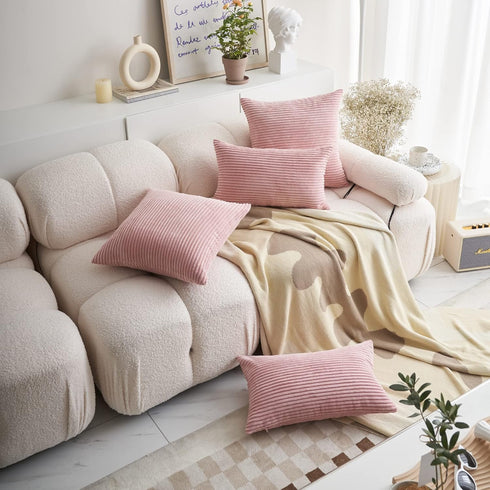 Demetex 18x18 Pink Striped Corduroy Pillow Covers, Decorative Square Throw Pillowcases, Set of 2, Light Pink