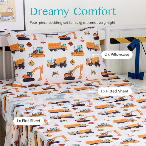 Set 4 Cozy Set, Joiedomi Kids Full Sheet Construction Vehicle - Piece Soft Microfiber Bed Sheets - Deep Pocket Wrinkle