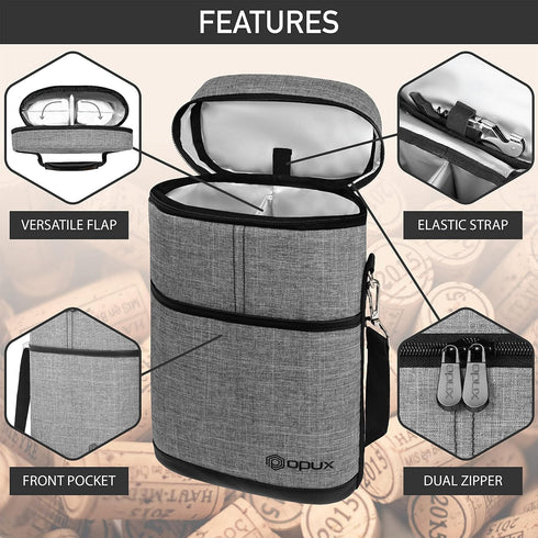 OPUX Insulated 2 Bottle Wine Carrier Tote - Leakproof Wine Cooler Bag for Picnic, BYOB Beach, Portable Case