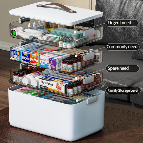 4-Tier CTIME XL Medicine Organizer - Portable Medicine Cabinet with Leather Handle, Empty First Aid Kit for Home