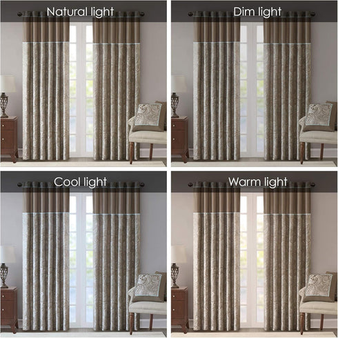 Madison Park Aubrey 2 Panel Curtain - Faux Silk Paisley Jacquard, 50x84, Taupe, Room Darkening